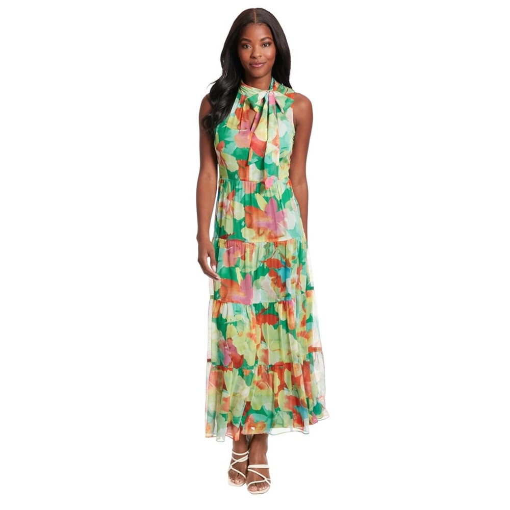 NWT London Times High Neck Green Floral Tie Flowy Tiered Maxi Summer Dress